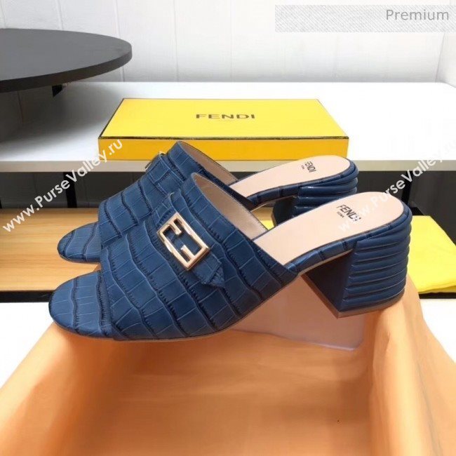 Fendi Crocodile Pattern Calfskin Promenade Slides Sandals With 6cm Heel Blue 2020 (MD-20042321)