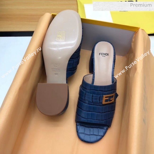 Fendi Crocodile Pattern Calfskin Promenade Slides Sandals With 6cm Heel Blue 2020 (MD-20042321)