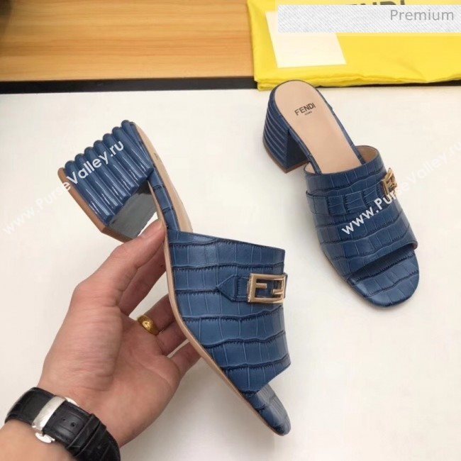 Fendi Crocodile Pattern Calfskin Promenade Slides Sandals With 6cm Heel Blue 2020 (MD-20042321)