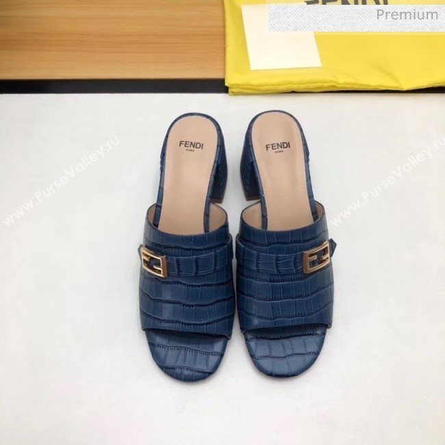 Fendi Crocodile Pattern Calfskin Promenade Slides Sandals With 6cm Heel Blue 2020 (MD-20042321)