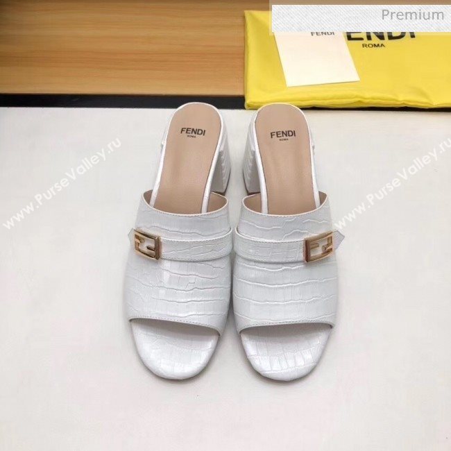 Fendi Crocodile Pattern Calfskin Promenade Slides Sandals With 6cm Heel White 2020 (MD-20042318)