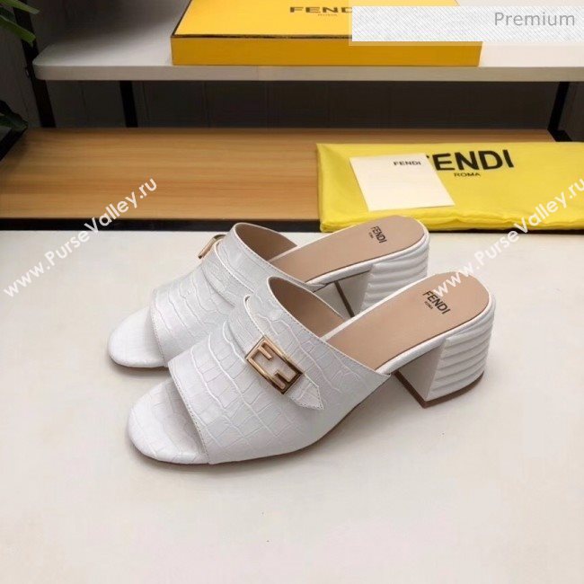 Fendi Crocodile Pattern Calfskin Promenade Slides Sandals With 6cm Heel White 2020 (MD-20042318)