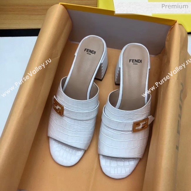 Fendi Crocodile Pattern Calfskin Promenade Slides Sandals With 6cm Heel White 2020 (MD-20042318)