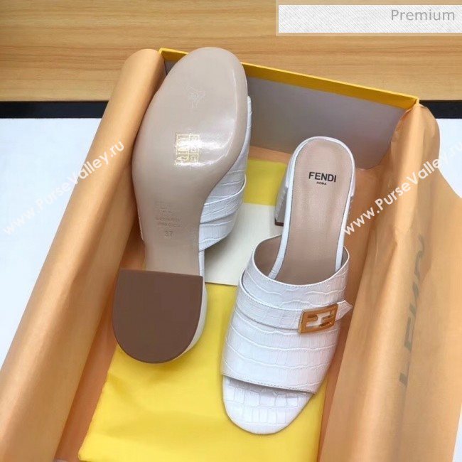 Fendi Crocodile Pattern Calfskin Promenade Slides Sandals With 6cm Heel White 2020 (MD-20042318)