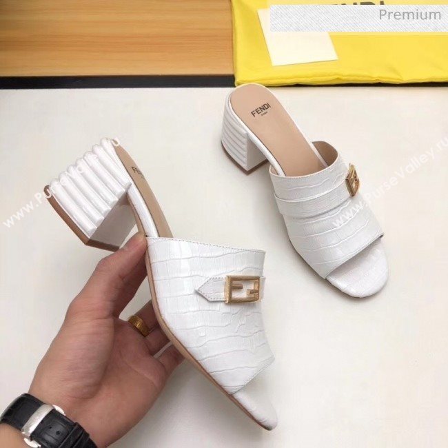 Fendi Crocodile Pattern Calfskin Promenade Slides Sandals With 6cm Heel White 2020 (MD-20042318)