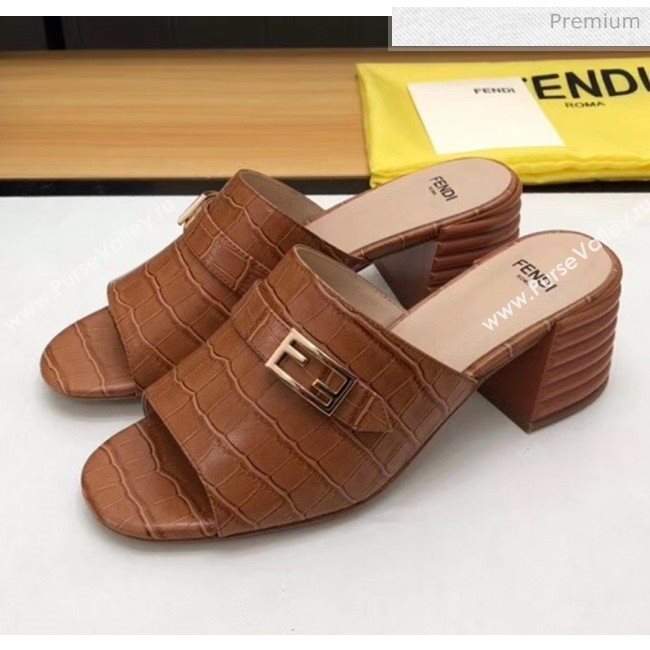 Fendi Crocodile Pattern Calfskin Promenade Slides Sandals With 6cm Heel Brown 2020 (MD-20042320)