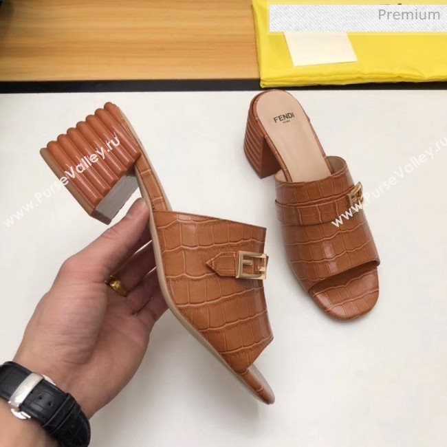 Fendi Crocodile Pattern Calfskin Promenade Slides Sandals With 6cm Heel Brown 2020 (MD-20042320)