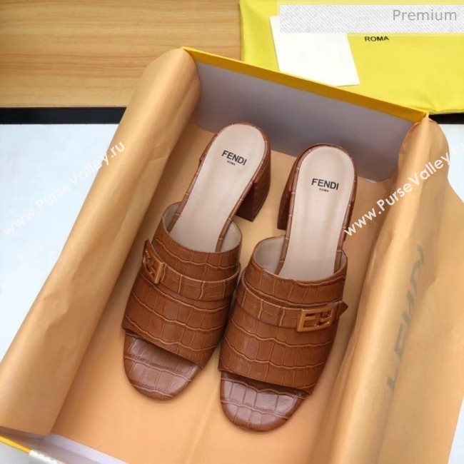 Fendi Crocodile Pattern Calfskin Promenade Slides Sandals With 6cm Heel Brown 2020 (MD-20042320)