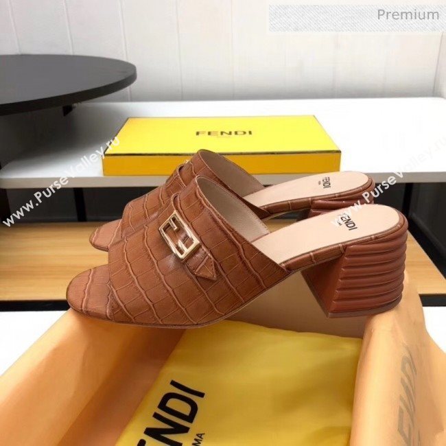 Fendi Crocodile Pattern Calfskin Promenade Slides Sandals With 6cm Heel Brown 2020 (MD-20042320)