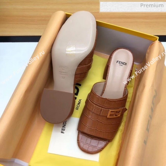 Fendi Crocodile Pattern Calfskin Promenade Slides Sandals With 6cm Heel Brown 2020 (MD-20042320)