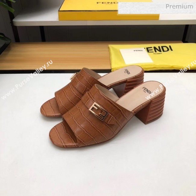 Fendi Crocodile Pattern Calfskin Promenade Slides Sandals With 6cm Heel Brown 2020 (MD-20042320)