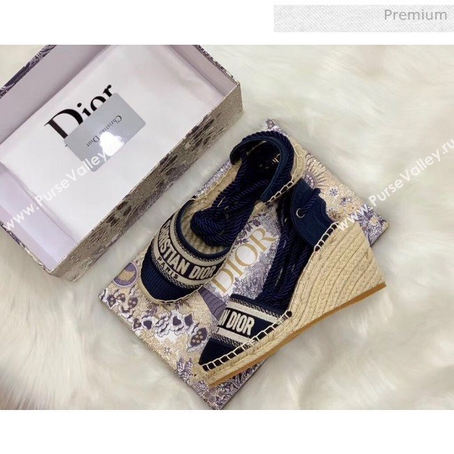 Dior Oblique Embroidered Cotton Lace-up Espadrille Wedges Blue 2020 (HB-20043026)