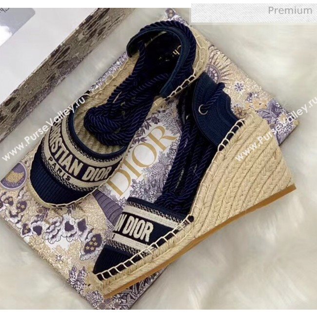 Dior Oblique Embroidered Cotton Lace-up Espadrille Wedges Blue 2020 (HB-20043026)
