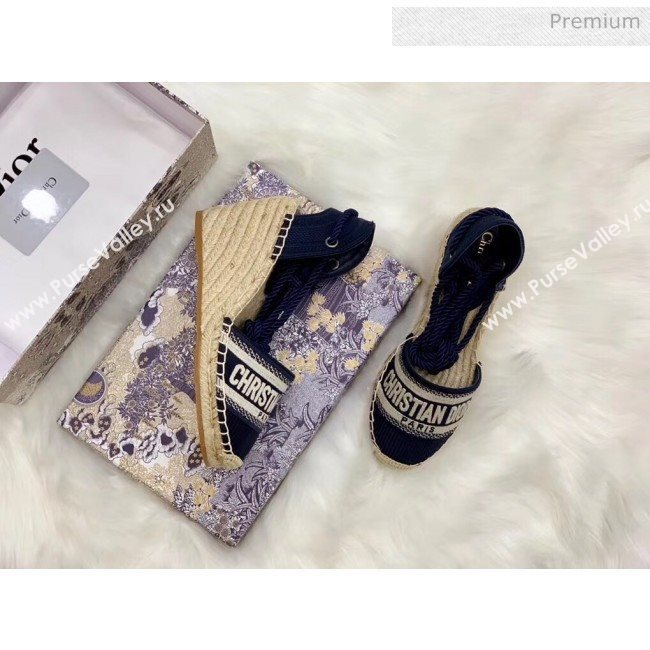 Dior Oblique Embroidered Cotton Lace-up Espadrille Wedges Blue 2020 (HB-20043026)