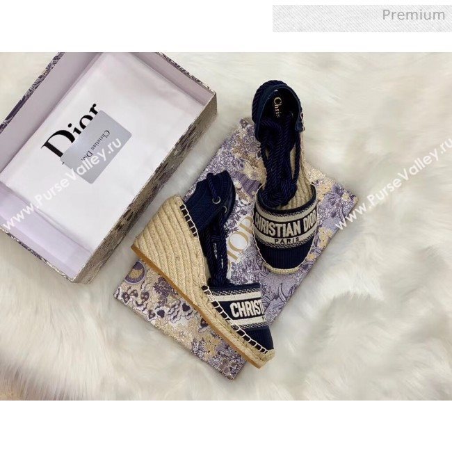Dior Oblique Embroidered Cotton Lace-up Espadrille Wedges Blue 2020 (HB-20043026)