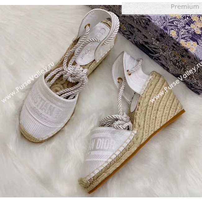 Dior Oblique Embroidered Cotton Lace-up Espadrille Wedges White 2020 (HB-20043027)