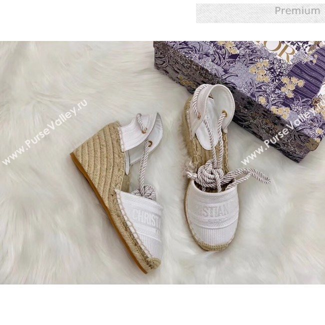 Dior Oblique Embroidered Cotton Lace-up Espadrille Wedges White 2020 (HB-20043027)