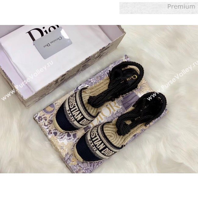Dior Oblique Embroidered Cotton Lace-up Espadrille Wedges Black 2020 (HB-20043028)