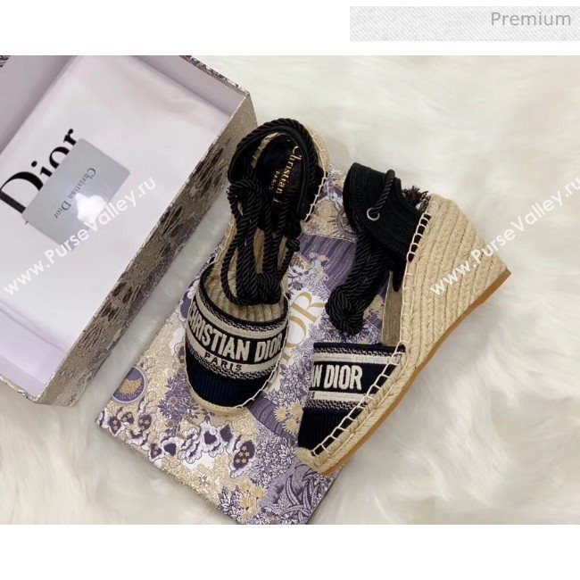 Dior Oblique Embroidered Cotton Lace-up Espadrille Wedges Black 2020 (HB-20043028)