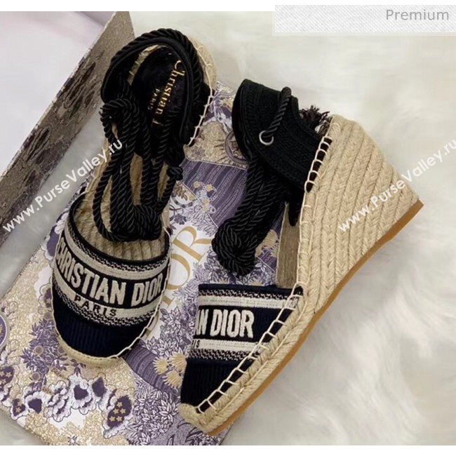 Dior Oblique Embroidered Cotton Lace-up Espadrille Wedges Black 2020 (HB-20043028)