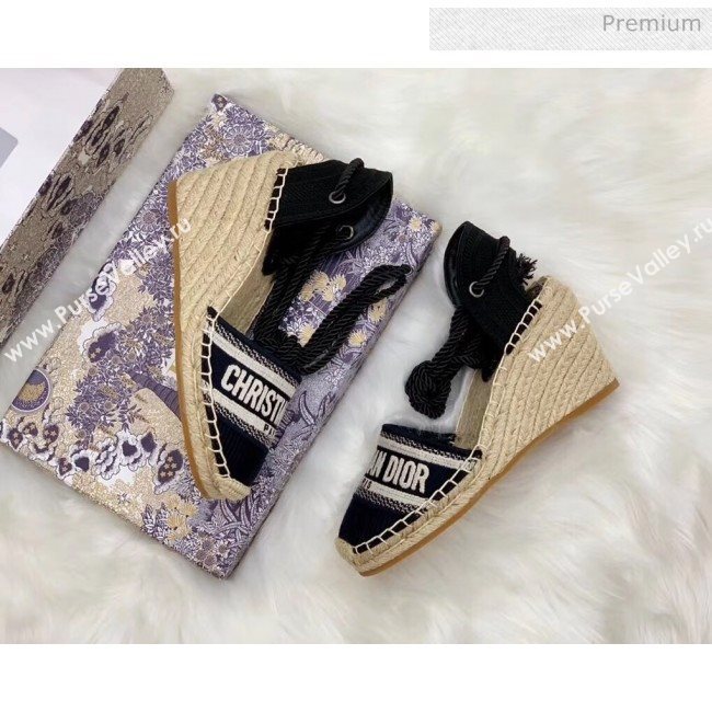Dior Oblique Embroidered Cotton Lace-up Espadrille Wedges Black 2020 (HB-20043028)