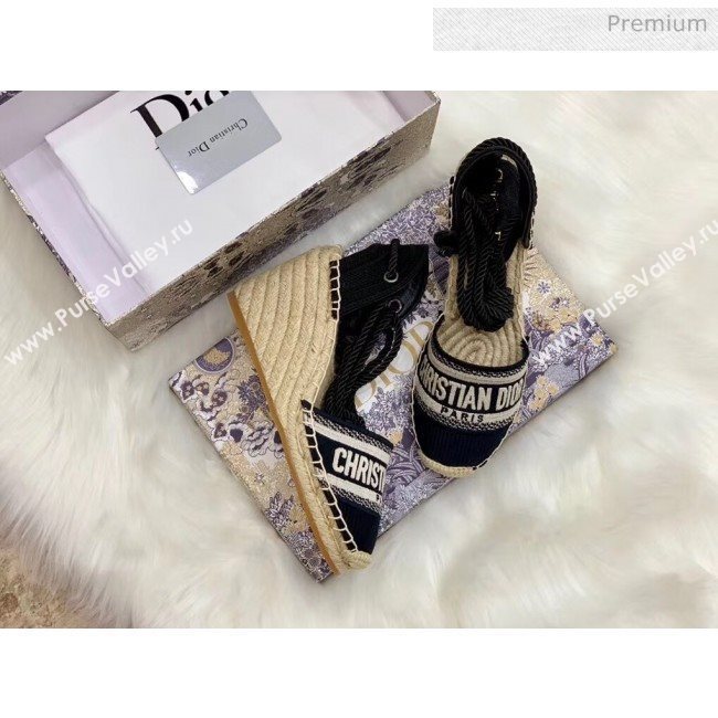 Dior Oblique Embroidered Cotton Lace-up Espadrille Wedges Black 2020 (HB-20043028)