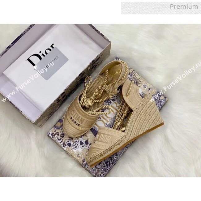 Dior Oblique Embroidered Cotton Lace-up Espadrille Wedges Beige 2020 (HB-20043029)