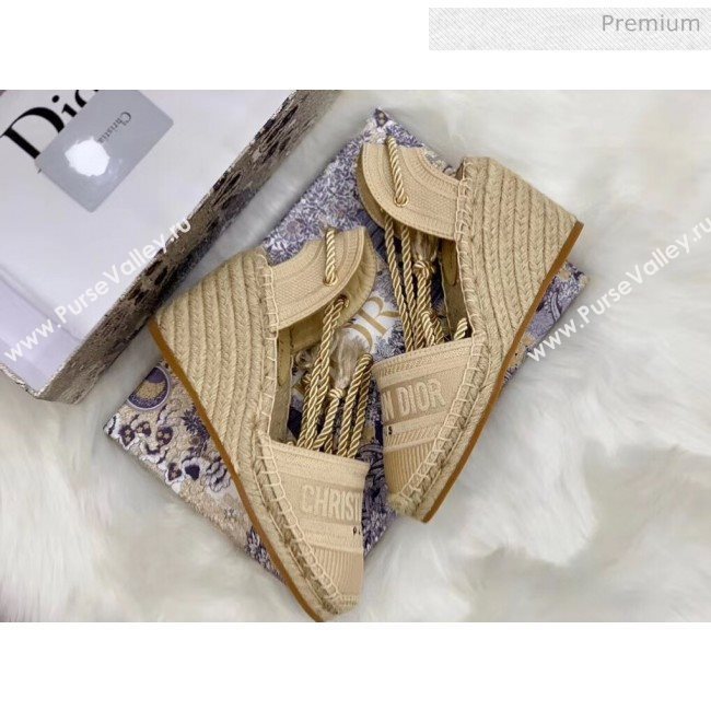 Dior Oblique Embroidered Cotton Lace-up Espadrille Wedges Beige 2020 (HB-20043029)