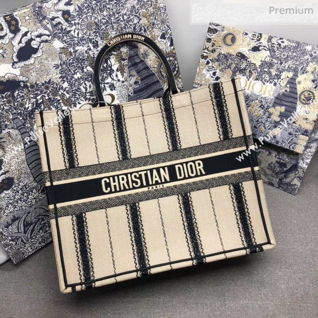 Dior Large Book Tote with Stripes Embroidery Beige/Black 2020 (XXG-20042929)