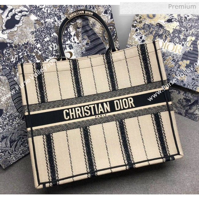 Dior Large Book Tote with Stripes Embroidery Beige/Black 2020 (XXG-20042929)