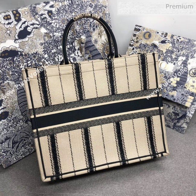 Dior Large Book Tote with Stripes Embroidery Beige/Black 2020 (XXG-20042929)
