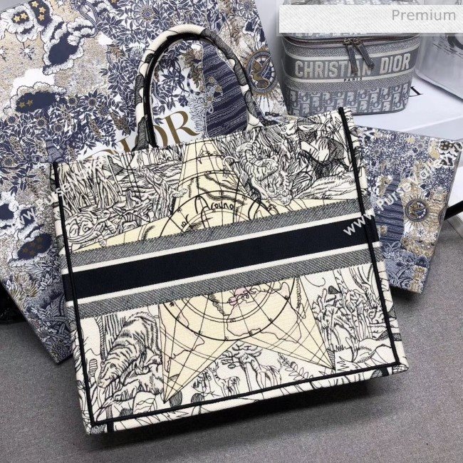 Dior Large Book Tote with Star Embroidery White/Black 2020 (XXG-20042931)