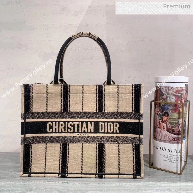Dior Small Book Tote with Stripes Embroidery Beige/Black 2020 (XXG-20042930)