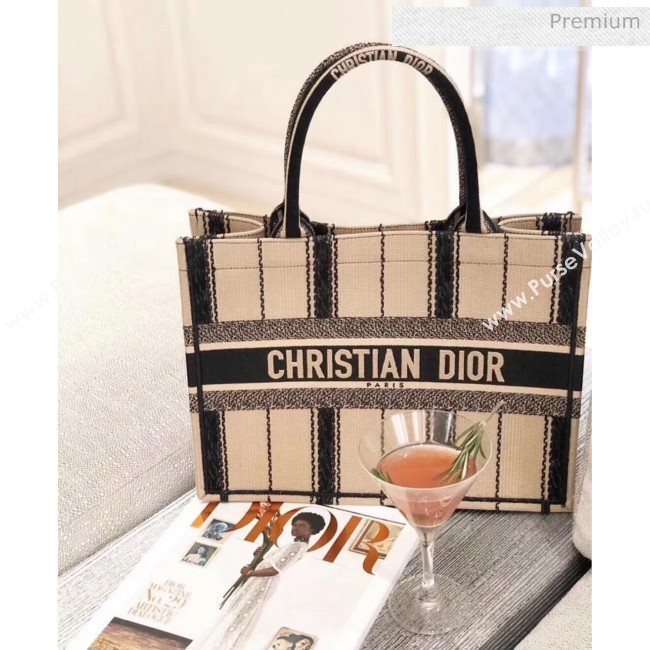 Dior Small Book Tote with Stripes Embroidery Beige/Black 2020 (XXG-20042930)