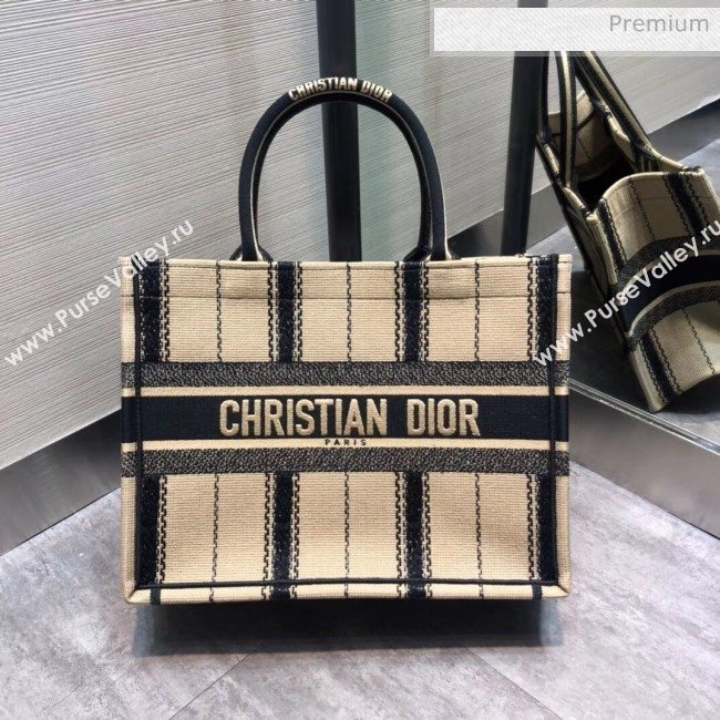 Dior Small Book Tote with Stripes Embroidery Beige/Black 2020 (XXG-20042930)