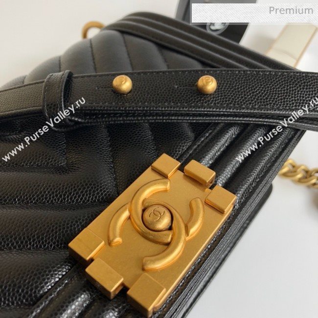 Chanel Grained Chevron Calfskin Medium Boy Flap Bag Black 2020 (YD-0022108)