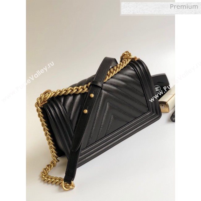 Chanel Grained Chevron Calfskin Medium Boy Flap Bag Black 2020 (YD-0022108)