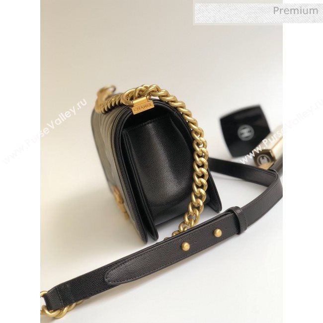 Chanel Grained Chevron Calfskin Medium Boy Flap Bag Black 2020 (YD-0022108)