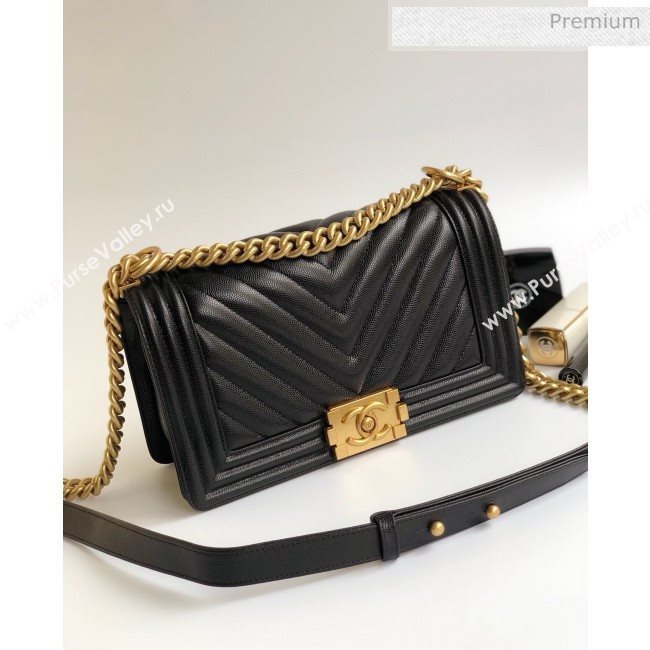 Chanel Grained Chevron Calfskin Medium Boy Flap Bag Black 2020 (YD-0022108)