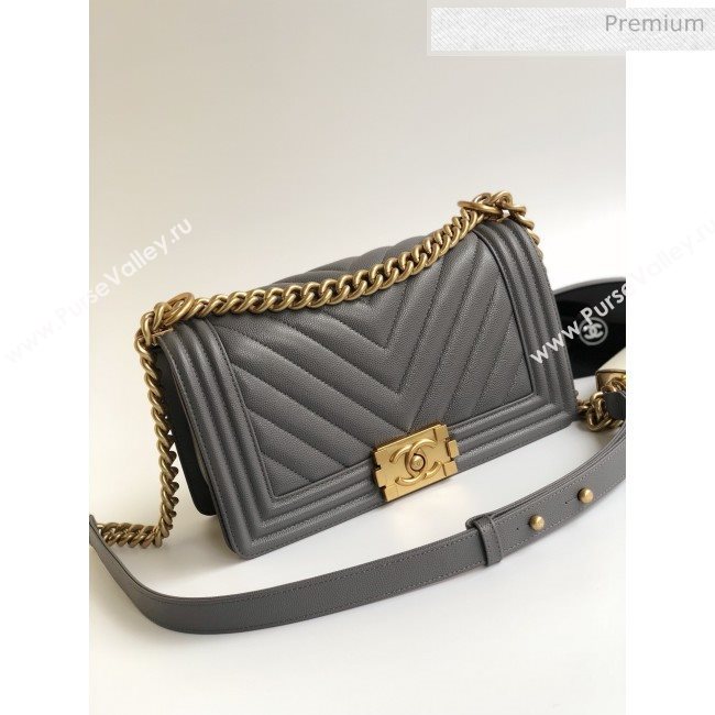 Chanel Grained Chevron Calfskin Medium Boy Flap Bag Gray 2020 (YD-0022111)