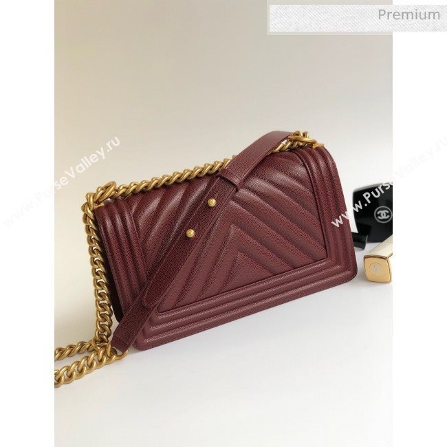 Chanel Grained Chevron Calfskin Medium Boy Flap Bag Burgundy 2020 (YD-0022104)