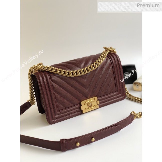 Chanel Grained Chevron Calfskin Medium Boy Flap Bag Burgundy 2020 (YD-0022104)