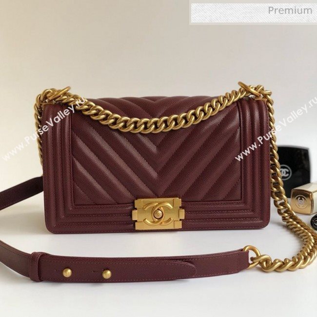 Chanel Grained Chevron Calfskin Medium Boy Flap Bag Burgundy 2020 (YD-0022104)