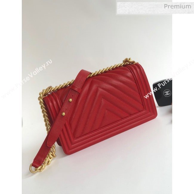 Chanel Grained Chevron Calfskin Medium Boy Flap Bag Red 2020 (YD-0022107)