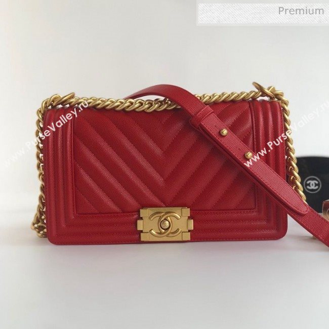 Chanel Grained Chevron Calfskin Medium Boy Flap Bag Red 2020 (YD-0022107)