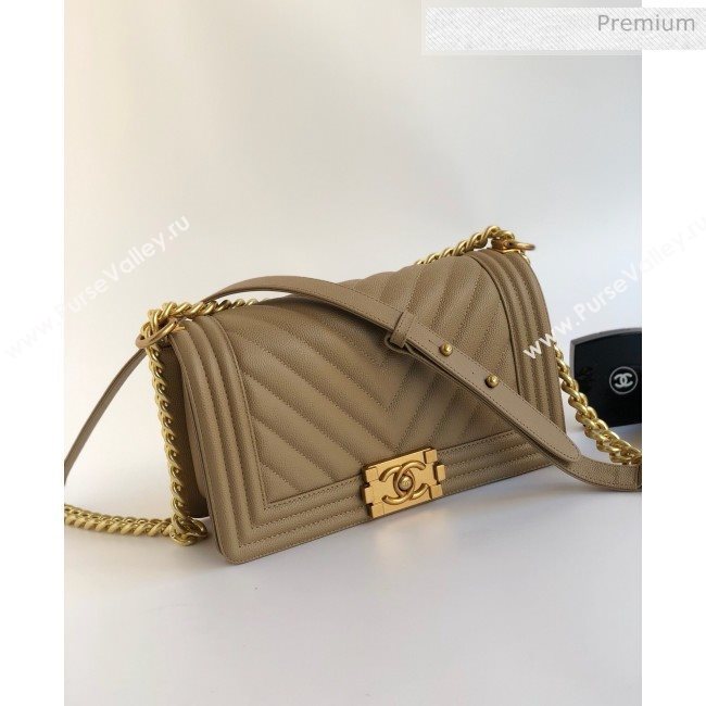 Chanel Grained Chevron Calfskin Medium Boy Flap Bag Beige 2020 (YD-0022109)