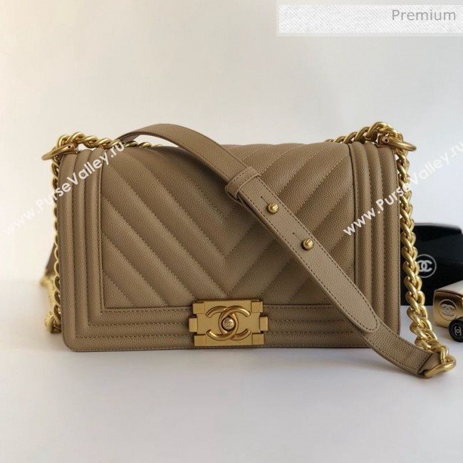 Chanel Grained Chevron Calfskin Medium Boy Flap Bag Beige 2020 (YD-0022109)