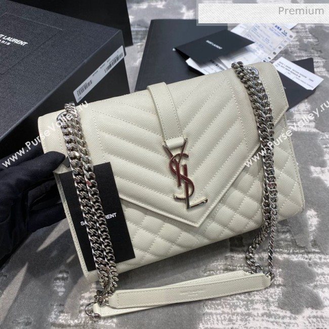 Saint Laurent Envelope Medium Bag in Grained Leather 487206 White/Silver (JD-0022224)