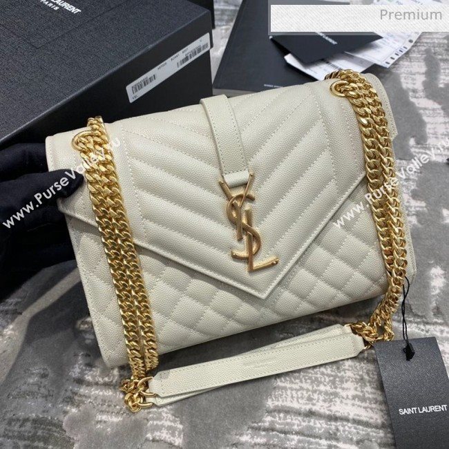 Saint Laurent Envelope Medium Bag in Grained Leather 487206 White/Gold (JD-0022223)