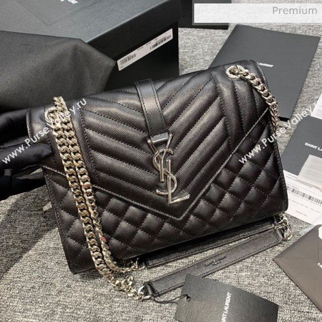 Saint Laurent Envelope Medium Bag in Grained Leather 487206 Black/Silver (JD-0022221)